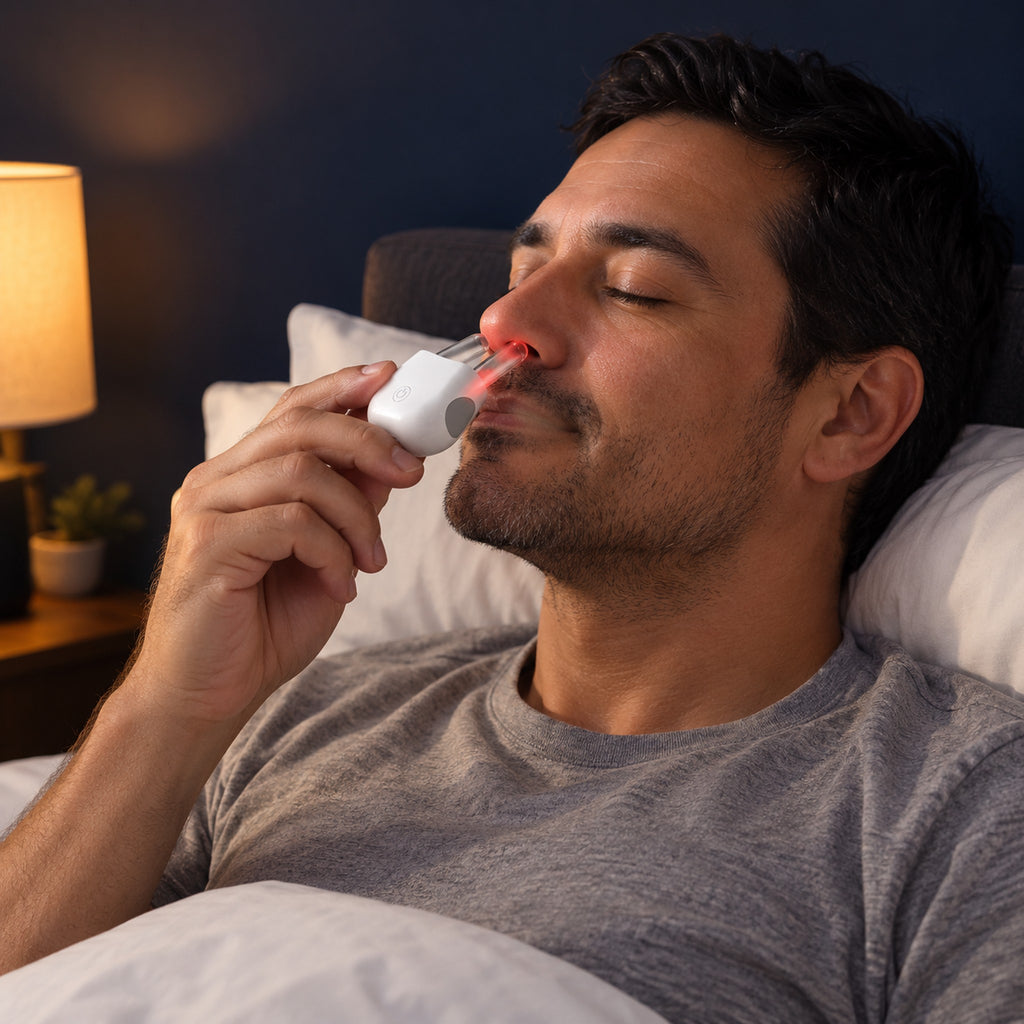 Hombre usando RespiraLuz en la cama antes de dormir