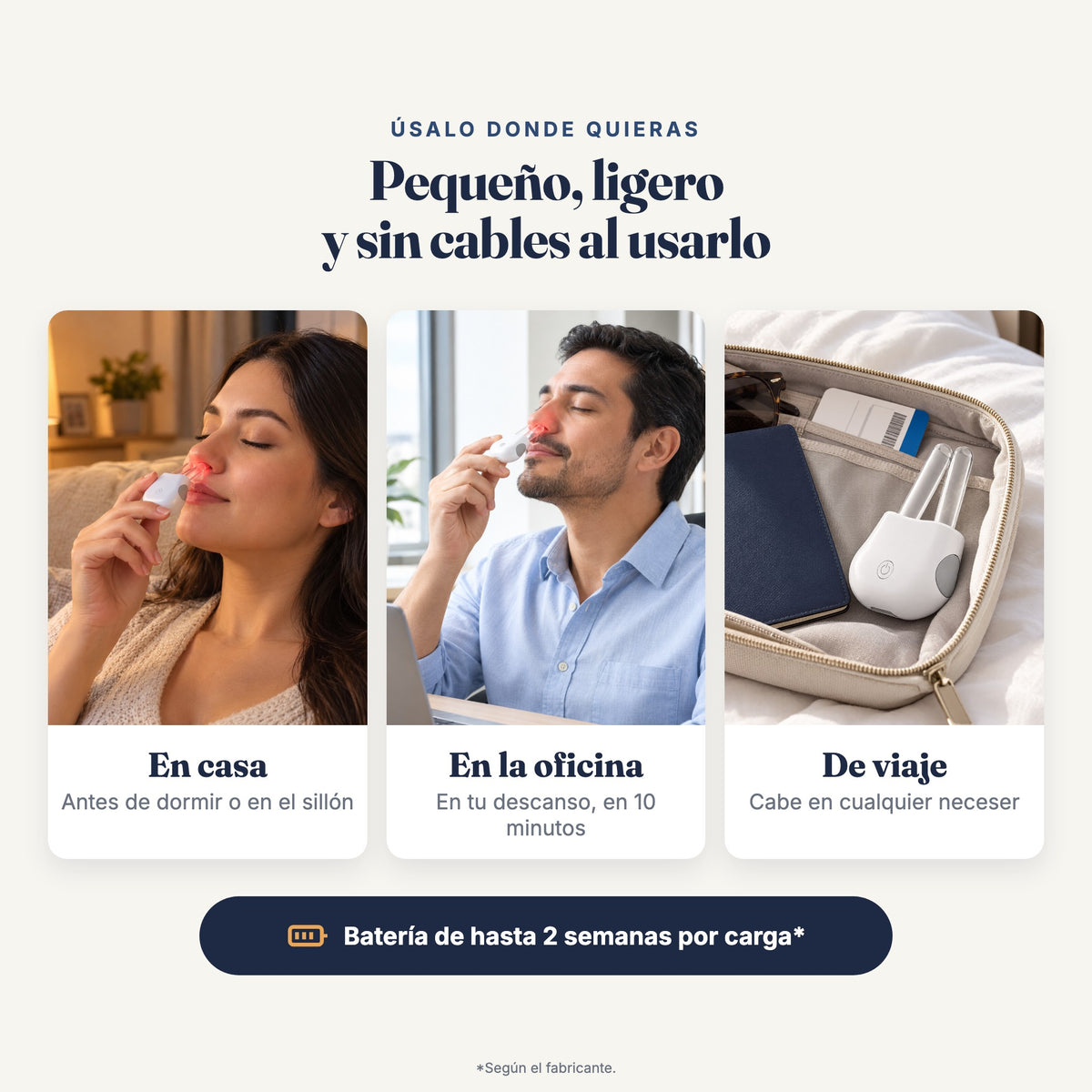 RespiraLuz en casa, en la oficina y de viaje; batería de hasta 2 semanas
