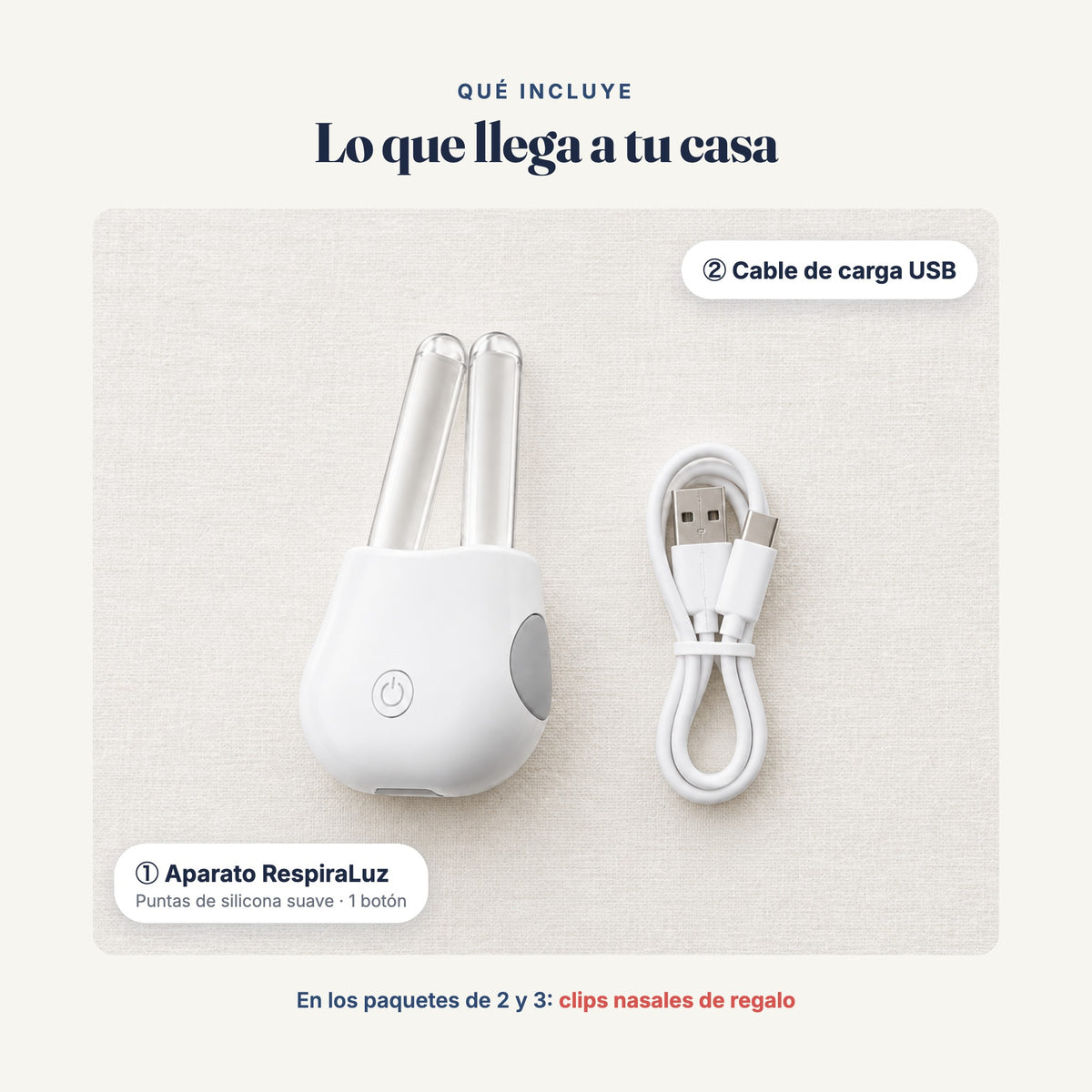 Qué incluye RespiraLuz: aparato y cable de carga USB