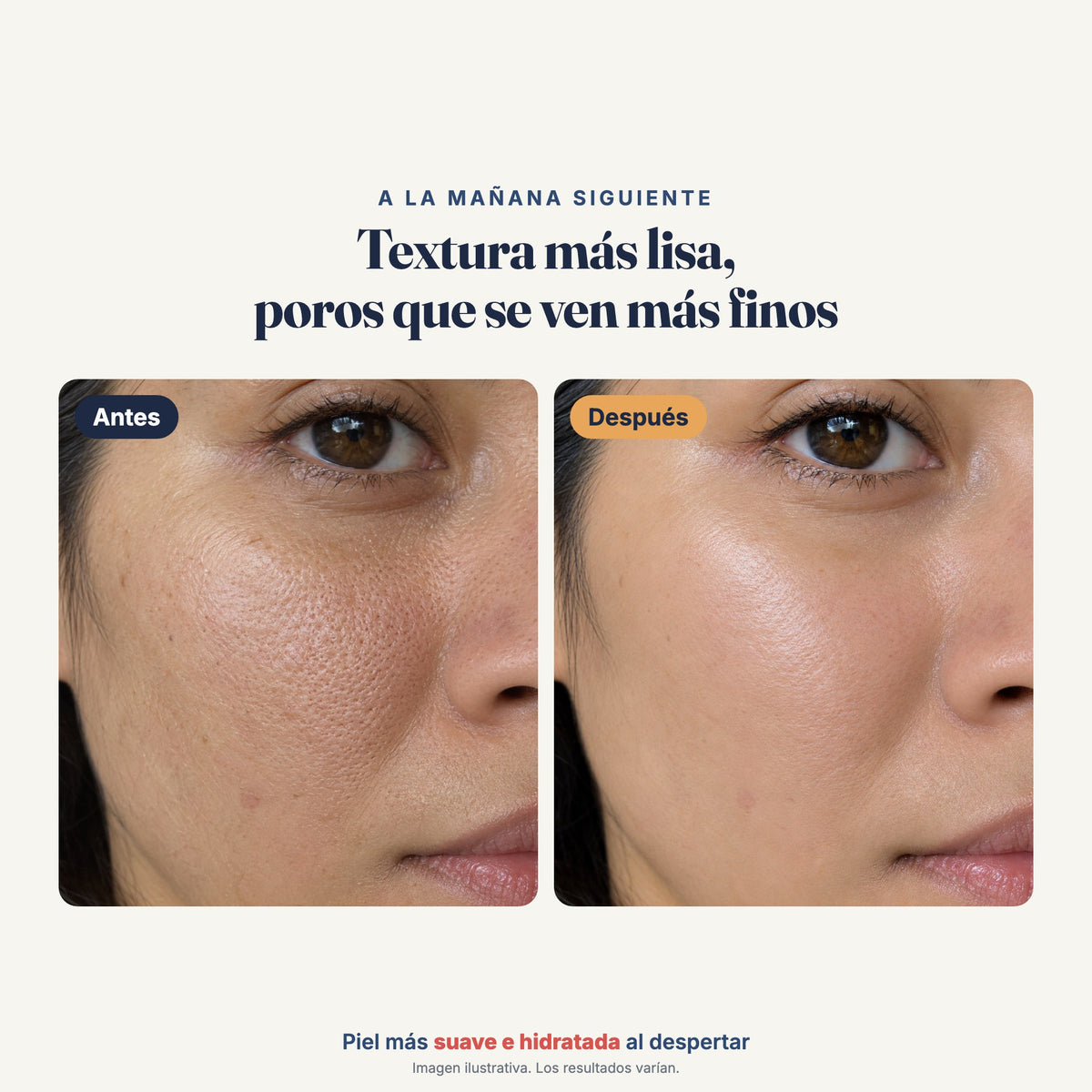 Antes y después ilustrativo de la textura de la piel