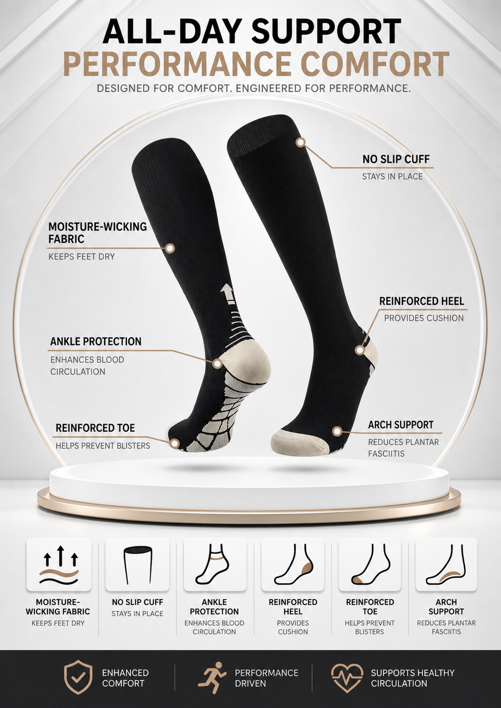 Drexon Compression Socks — 15-20 mmHg Graduated Support | 3 Colors · 5 Sizes